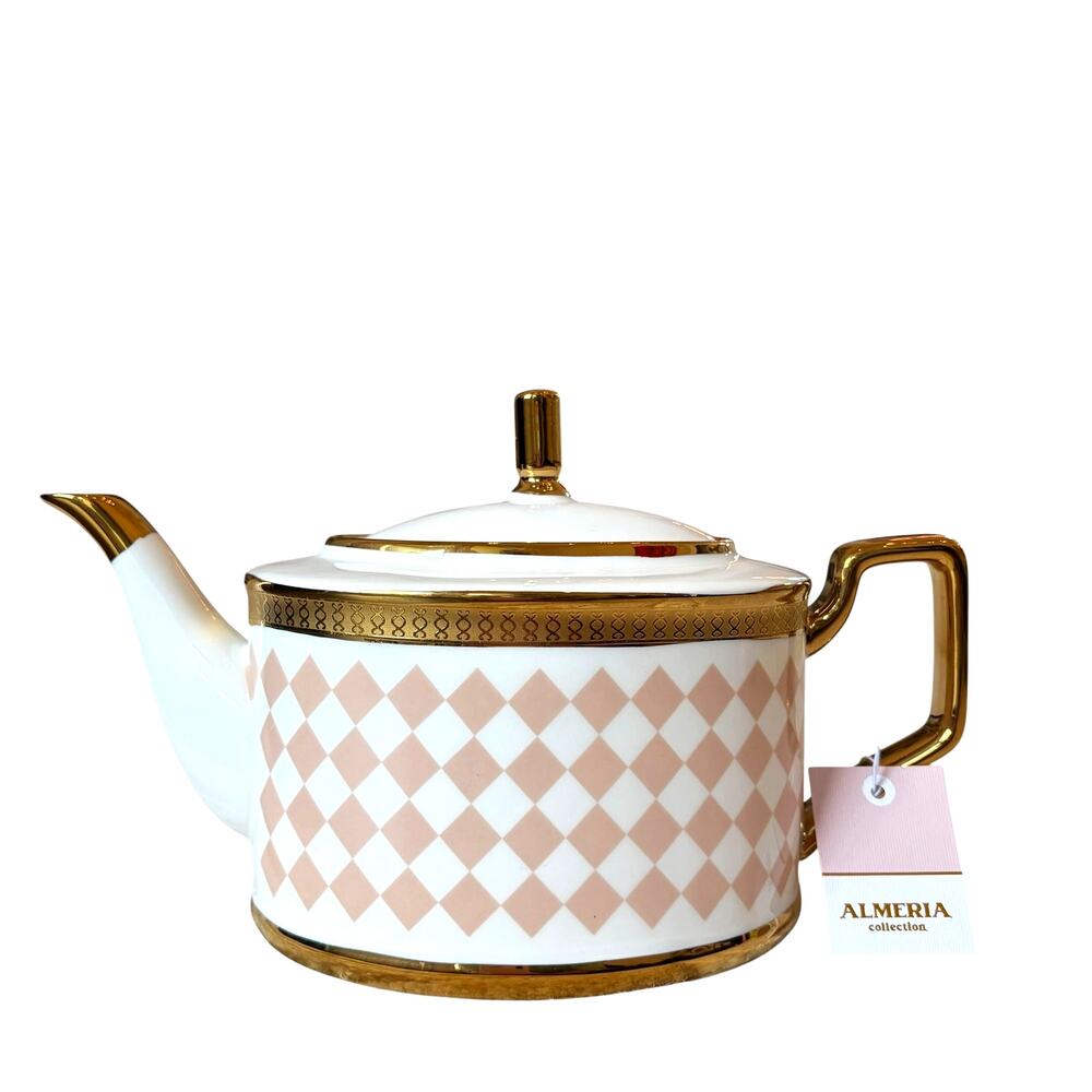 Almeria Mocha & White Harlequin Porcelain Teapot with Lid Gold Accents 32oz NEW